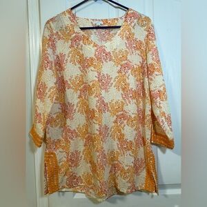 J Jill Tunic Top Womens Small Orange Coral Print Linen Cotton Boho 3/4 Sleeve